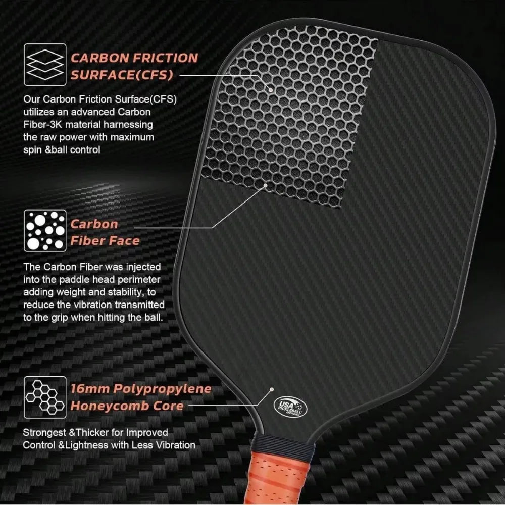Pickleball Paddle 3K All Carbon Fiber Carbon Friction Surface 16mm 13mm Polymer Honeycomb Core Enhanced Power&Spin&Control, New