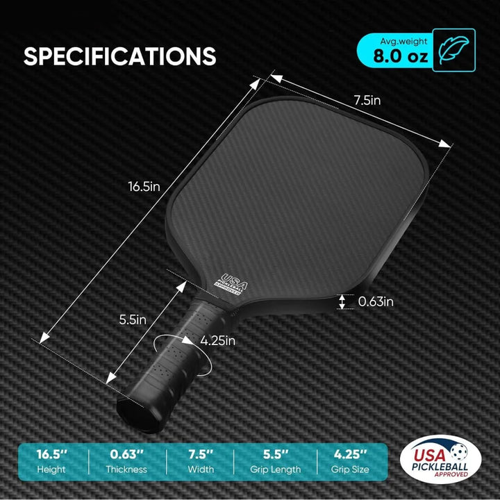 Pickleball Paddle 3K All Carbon Fiber Carbon Friction Surface 16mm 13mm Polymer Honeycomb Core Enhanced Power&Spin&Control, New
