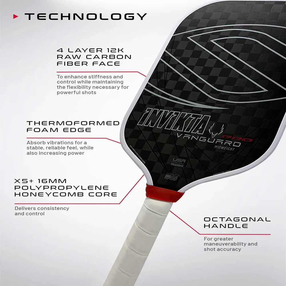 SLK Vanguard Pro Invikta Pickleball Paddle 4 Layer Elite Raw 12K Carbon Fiber Thermoformed Foam Edge USAPA Mid Weight 16mm Thick