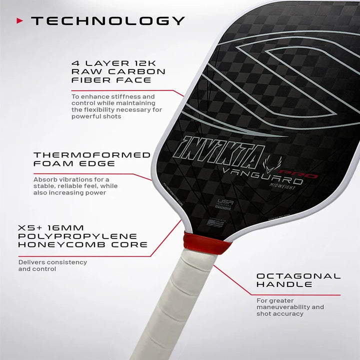 SLK Vanguard Pro Invikta Pickleball Paddle 4 Layer Elite Raw 12K Carbon Fiber Thermoformed Foam Edge USAPA Mid Weight 16mm Thick